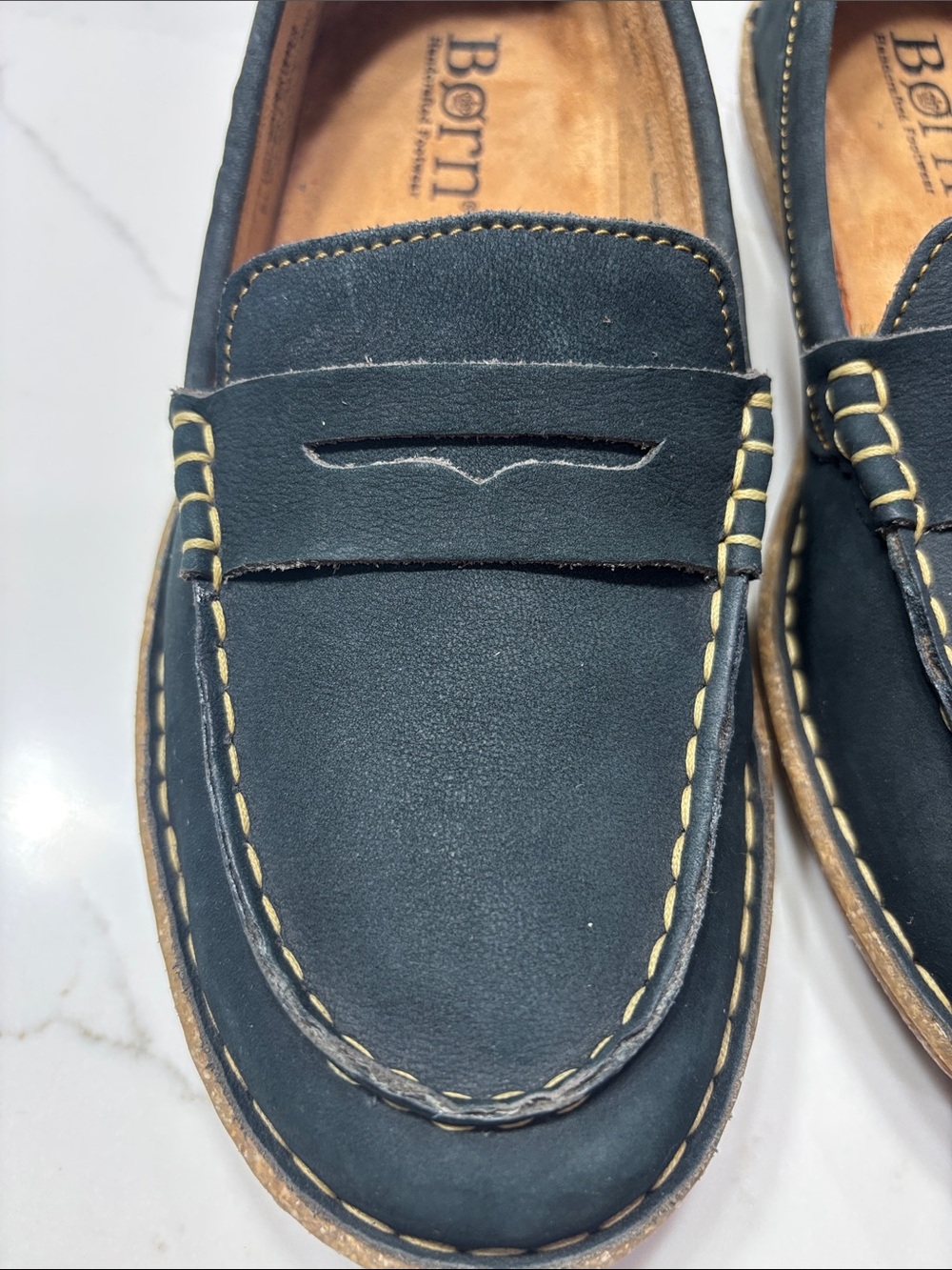 Born NAVY BLUE Suede Penny Loafers with Contrast Stitching - Picture 4 of 15